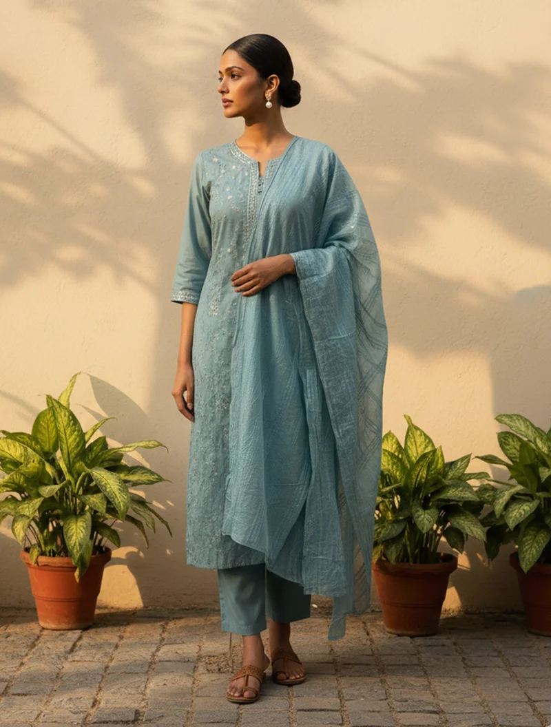 ترو برونز trueBrowns Light Blue Embroidered Straight Kurta Pant Dupatta Set